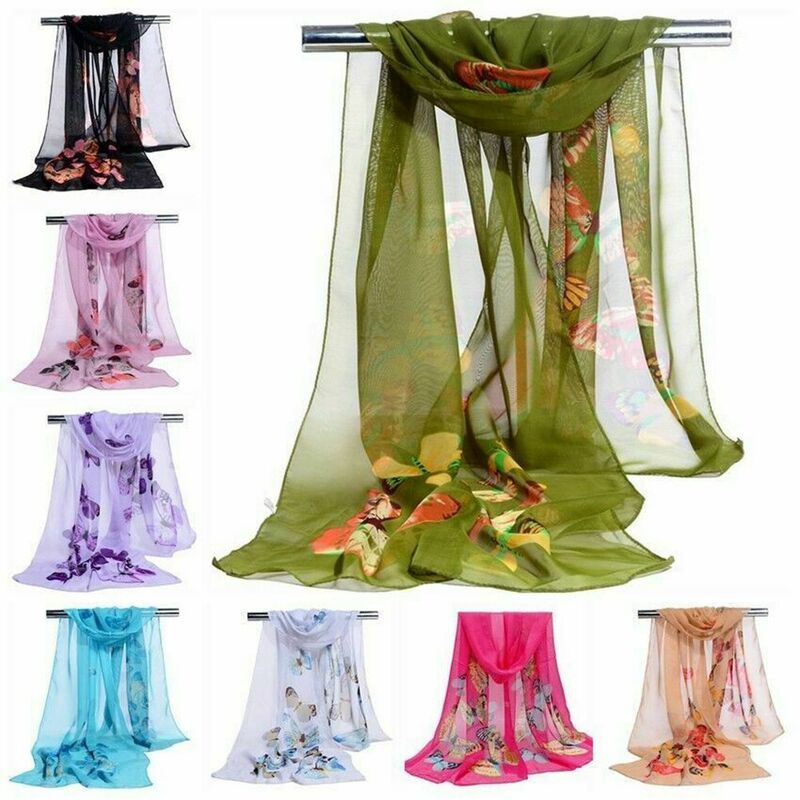 Hete Verkoop Mode Dame Lange Chiffon Sjaal Met Bloemenprint Zijden Vlinder