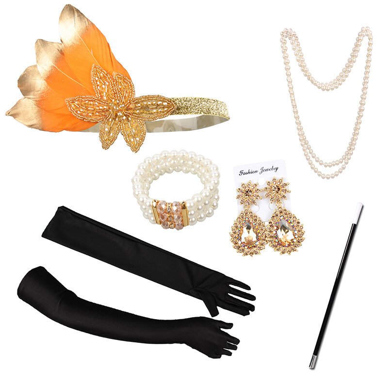 1 Set 1920s Gatsby fascia copricapo elastico con guanti Prom Smoking Pole Gatsby Feather Vintage copricapo da sposa decorare