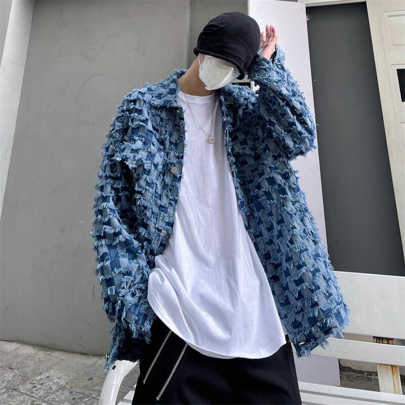 Beggar Styles Checkerboard Frayed Demin Men's Coat Plaid Vinatge Tassel Vibe Jackets Ins Streetwear Punk Hip Hop Chic Coats