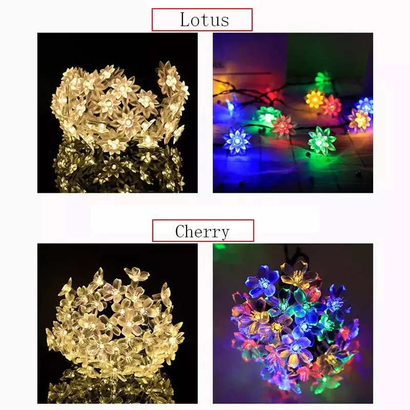 12M 100led Solar Lotus String Lights Decoratie Kerst Nieuwjaar 'S Outdoor Decoratieve Lampen Flitser Bloem Slingers Fairy Light