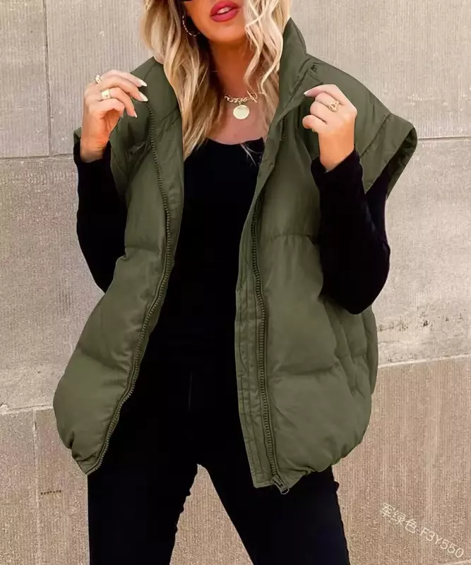 2023 Turtleneck Loose Tank Coat Zipper Fashion Pocket Warm Women Cotton Vest Jacket Casual Commuter Autumn Winter Coat