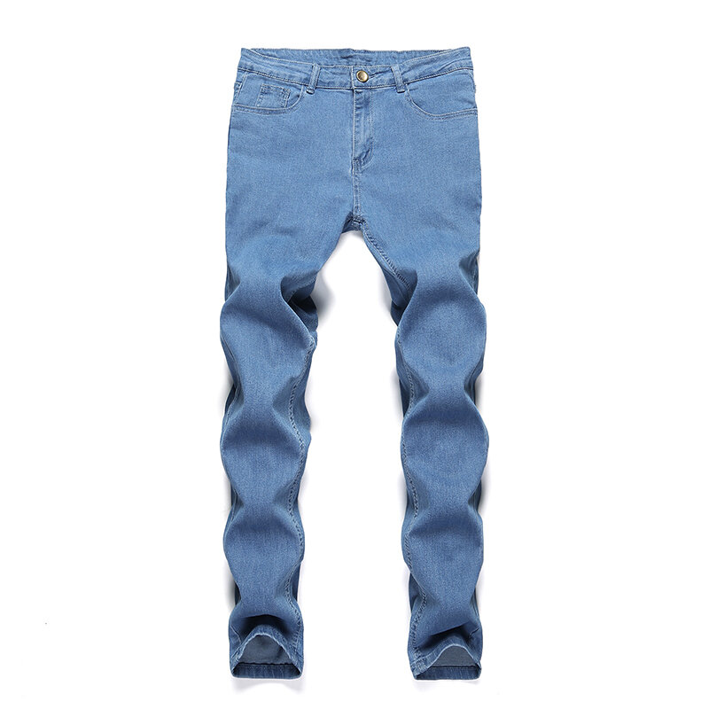 Męskie jeansy Slim Fit elastyczne spodnie ołówkowe młodzieżowe jeansy męskie codzienne podróże cztery pory roku niebieskie męskie spodnie z zamkiem Casual Fashion Men