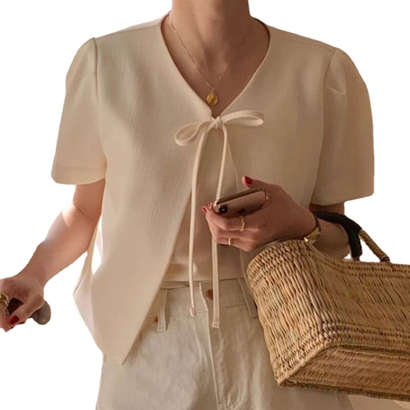 Casaco feminino de algodão plissado curto, trincheira com decote em v, camisas bolha, manga longa, moda, novo, 2024