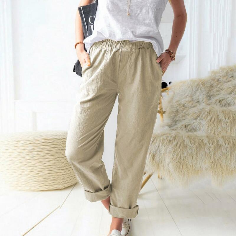 Calça de perna reta de cintura alta feminina com bolsos, calça versátil, ajuste solto, monocromática, streetwear casual, elegante