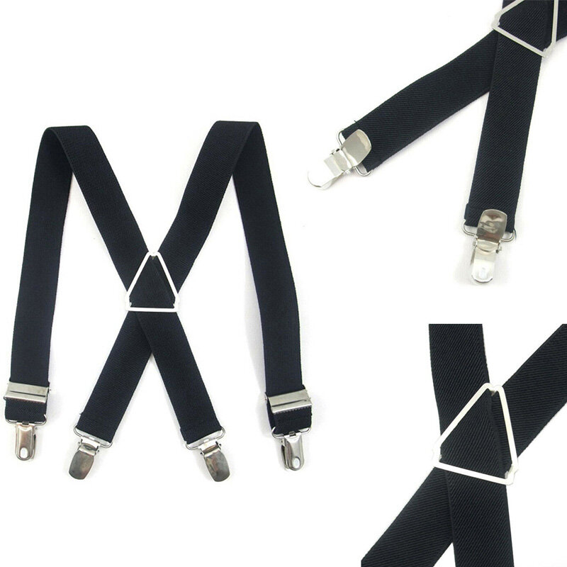 Uomini/donne bretelle Unisex adulto 4 Clip cinturino incrociato moda bavaglino pantaloni bretelle elastiche bretelle moda Casual nero