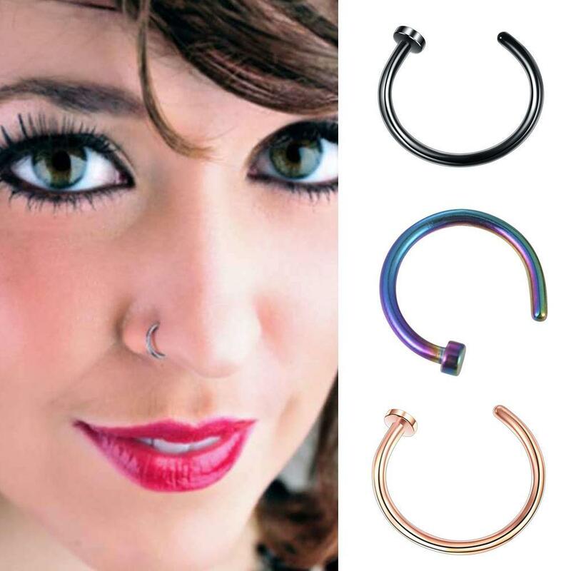 Nose Hoop Rings Stainless Steel Nose Piercing Jewelry 8mm Fake Lip Hoop Rings for Women Men Silver/Gold/Black/Rose
