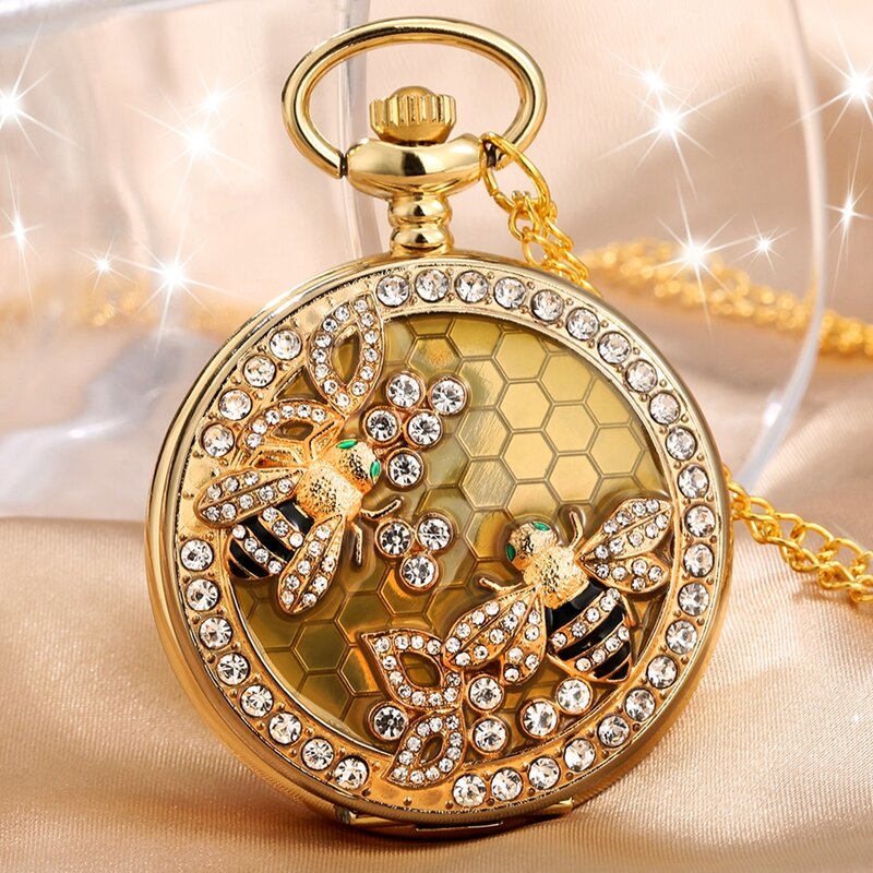 Crystal Diamond Bee Flowers Quartz Pocket Watch Charming Necklace Jewelry Luxury Gold Pendant Chain Diamond-encrusted FOB Clock