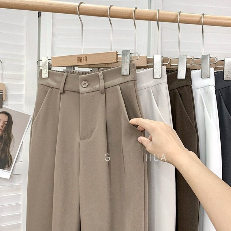 Modne elastyczne spodnie z wysokim stanem damskie 2023 wiosna na co dzień luźne solidne proste spodnie biurowa, damska pracy dziewięć punktów garnitur spodnie