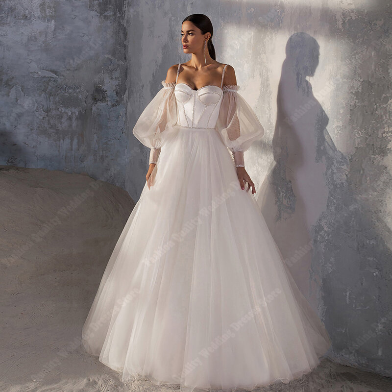 Vestidos de casamento luxuosos princesa marfim para mulheres, fora do ombro, vestidos de noiva brancos brilhantes, flor de renda, vestido a linha 2024