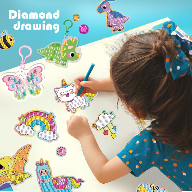 Desenhos animados a laser adesivos para crianças, frisado, pintura diamante, chaveiro, artesanal, bricolage, ponto broca, brinquedo conjunto
