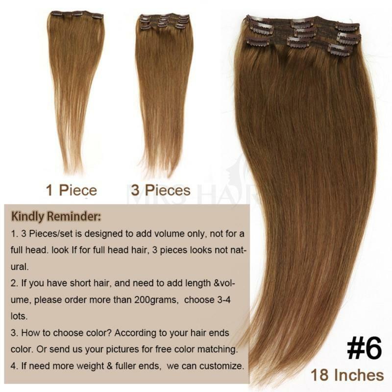 Brown clip-on extensões de cabelo humano, seda reta, natural clip-on cabelo, trama dupla, macio para o volume, 16 "-20", 3 PCs/Lot