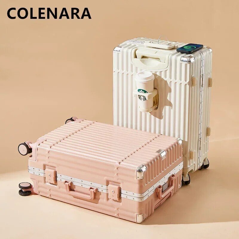 COLENARA koper tas traveling, koper wanita rangka aluminium, koper tas traveling, pengisian USB, kotak troli wanita, 20 "22" 24 "26 inci