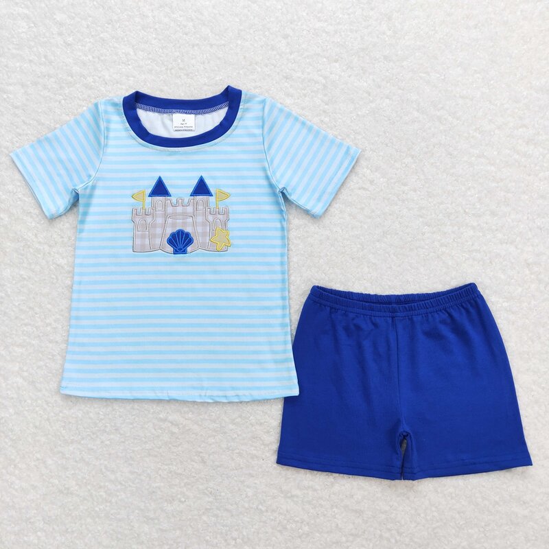 Детский летний комплект с вышивкой, рубашка с короткими рукавами и песочным замком, детские шорты, пляжный хлопковый комплект для маленьких мальчиков и девочек