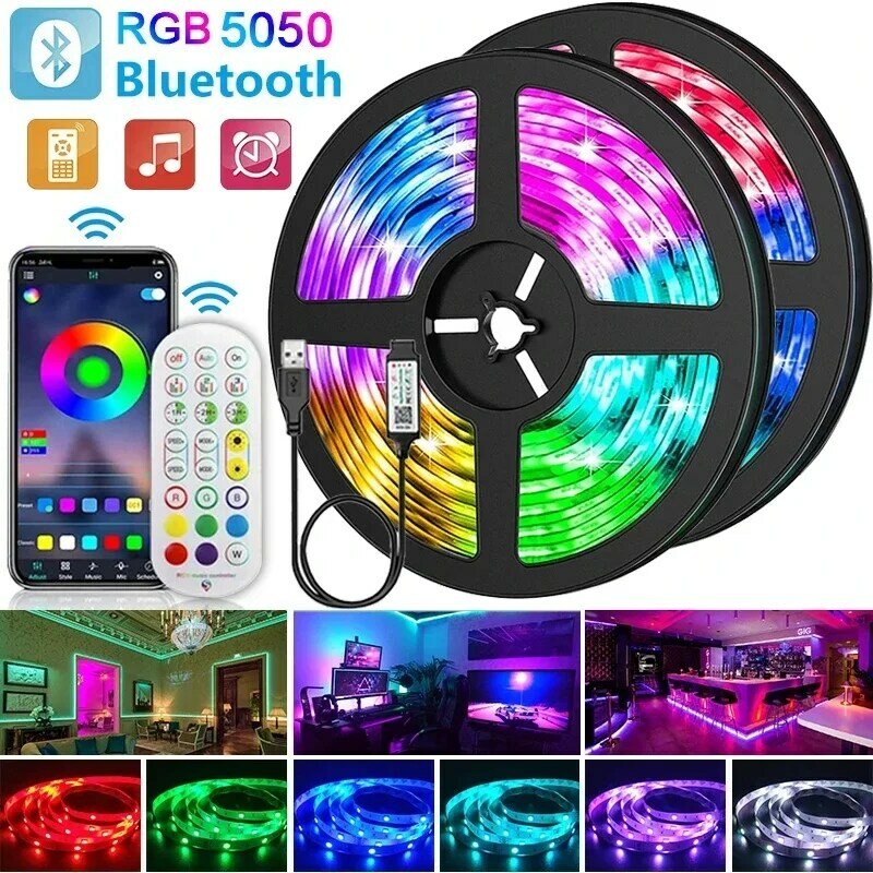 Tira de Luces LED RGB 5050 para decoración de habitación, cinta Flexible de luz de fondo de TV, pantalla de escritorio, Bluetooth, 5V, 10M