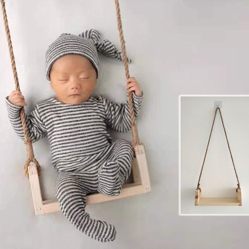 Newborn Photography Props Wooden Swing with Flower Vine Baby Photo Shoot Swing Seat Sets First Photo Session Props