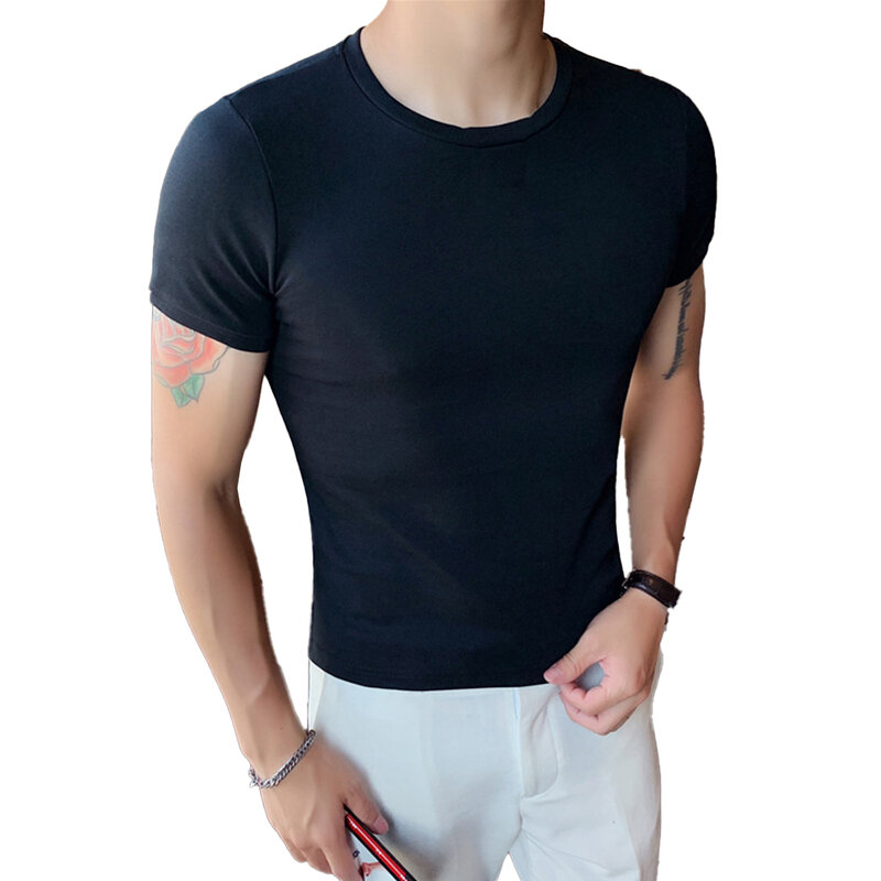 Camiseta ativa masculina de manga curta com gola redonda, tops confortáveis, slim fit, roupas musculosas, camisa casual, diária