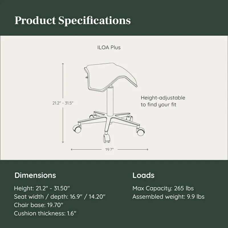 ILOA Plus-Tabouret Roulant Ergonomique pour une Posture Saine et un Style Durable, Chaise Réglable avec Boudéséquilibre, Recommandé