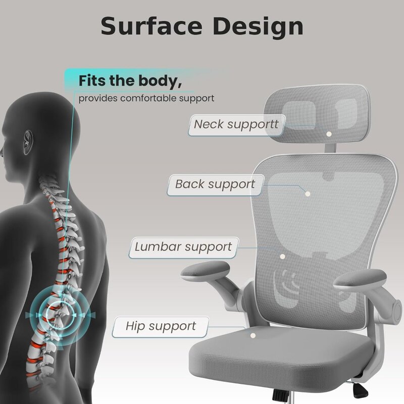Kursi kantor ergonomis, kursi meja rumah punggung tinggi dengan penyangga pinggang dan sandaran kepala yang dapat disesuaikan, jaring antilembap
