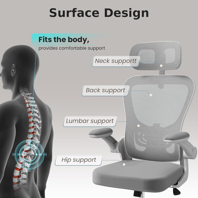 Chaise de Bureau Ergonomique à Dossier Haut, avec Support Lombaire Réglable et Repose-Sauna, en Maille Respirante