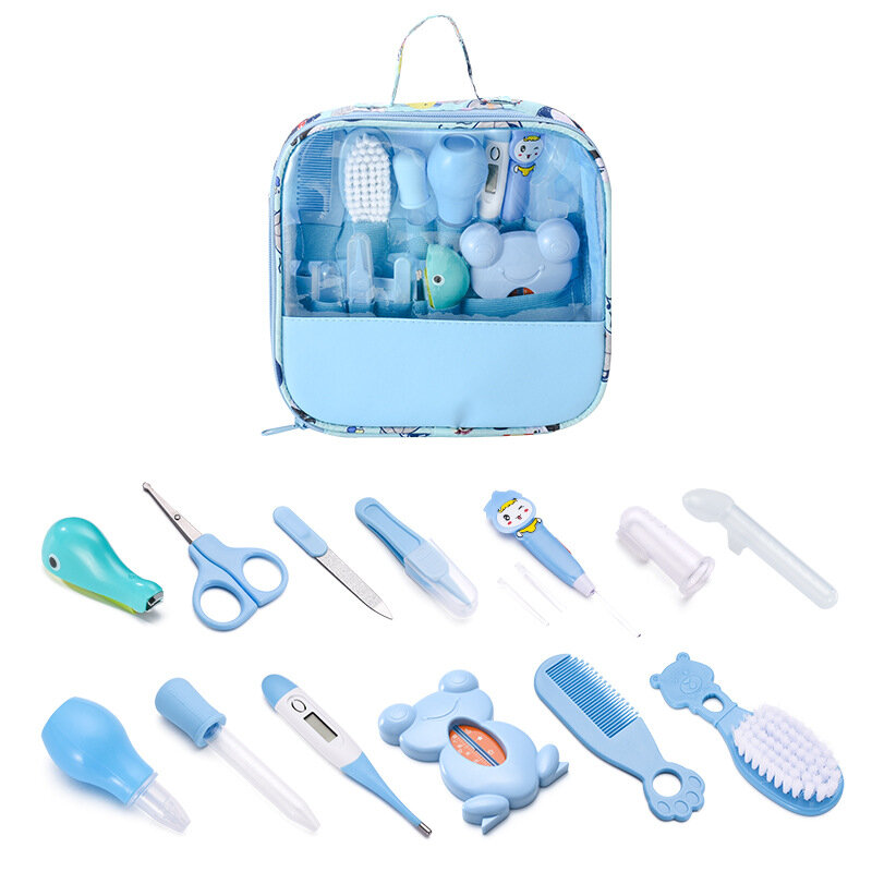 Kit de aseo para bebé recién nacido de 13 piezas, aspirador Nasal con termómetro, alimentador de medicamentos, cortaúñas, juego de cuidado diario