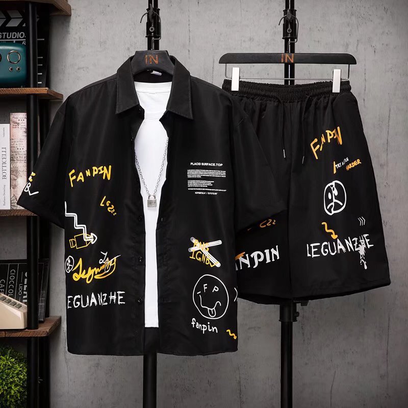 Ubrania dla mężczyzn śmieszne grafiki spodenki garnitury buźka Graffiti Top wygodne szorty 2 częściowy zestaw Harajuku moda Streetwear