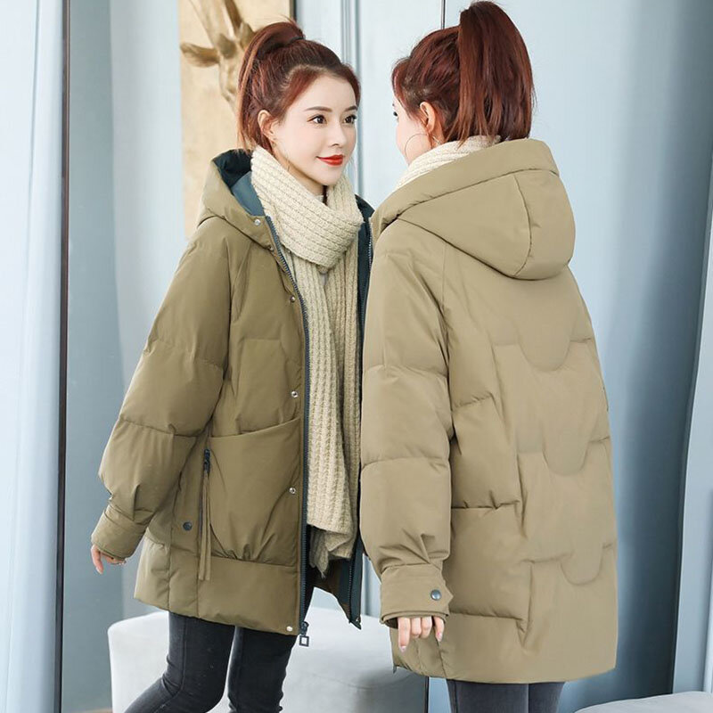 2022 New Down Mid-length Solid Color Hooded Casual Pocket Winter New Women's Loose Down
