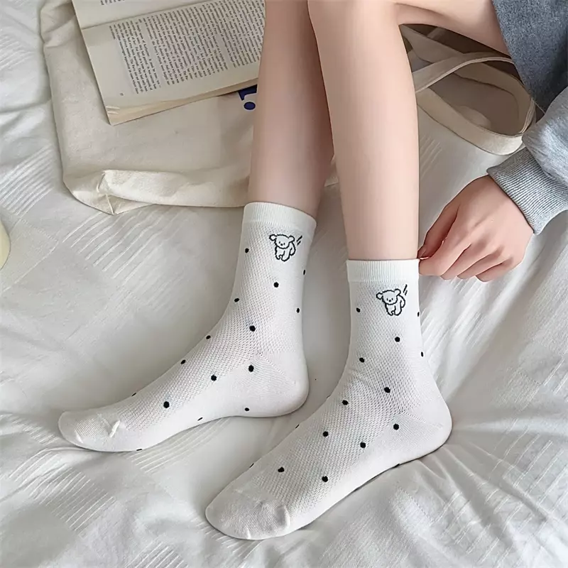 4 Pairs Socks For Women Mesh Spring Summer Breathable Girls Cartoon Socks Set Dogs Cute Simple White Crew Socks Comfortable Thin