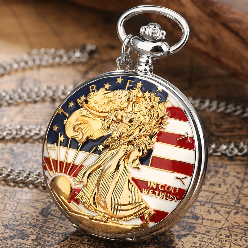 Golden Statue of Liberty Quartz Pocket Watch, bandeira americana Design, relógio de corrente, colar, jóias presentes, Top Relógios de luxo