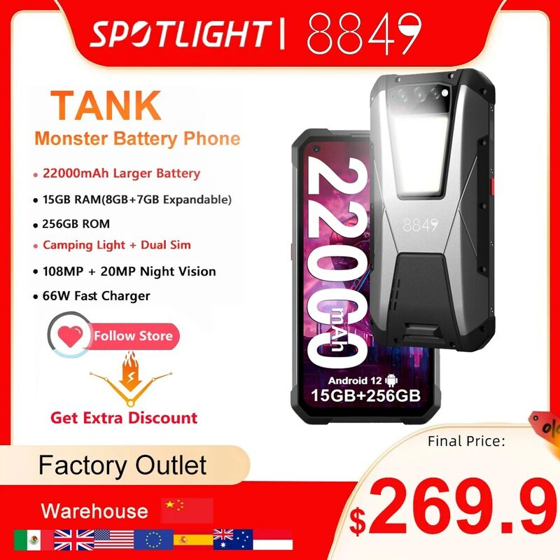 8849 прочный смартфон Unihertz Tank 256 МП, 15 ГБ 22000 ГБ, аккумулятор мАч, функция ночного видения G99, водонепроницаемый мобильный телефон