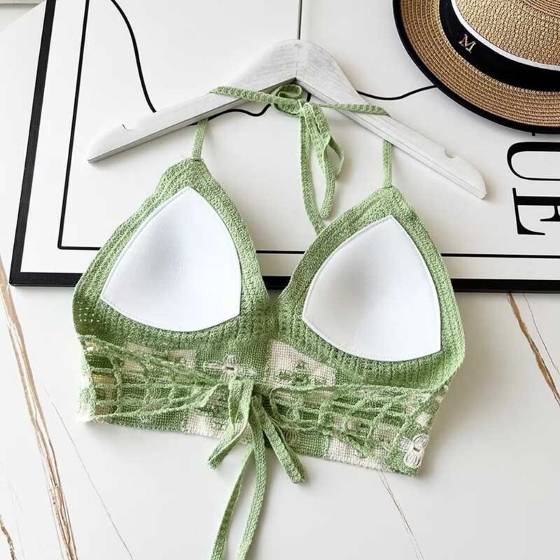 National Style Women Swimwear Top New with Chest Pads Bohemian Beach Wear Outfit Crochet Hanging Neck Camisole Street