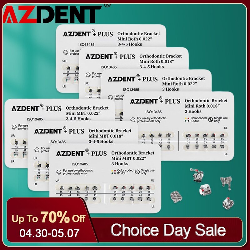 Azdent PLUS-Orthodontie Dentaire en Métal, Mini Roth/MBT, 022/018 Crochets, 3/345 Outils Orthologiques, Bretelles Standard, 20 Paquets
