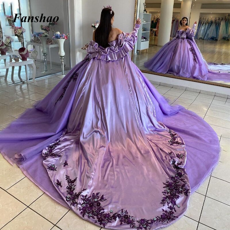 Fanshao Quinceanera Evening Dresses Long Luxury Celebrity Designer Styles Tulle Long Sleeve Appliques Cathedral Drop Shipping