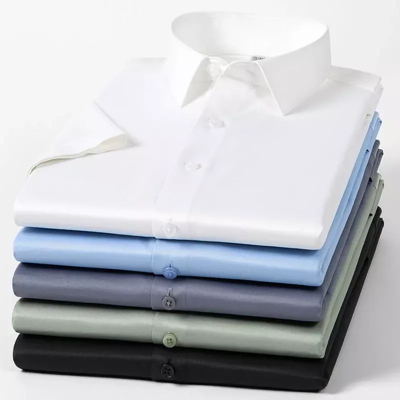 Summer Men Dress Shirts  Short Sleeve Elastic High Density Silky Material Solid Business No Pocket Stretch Clothes