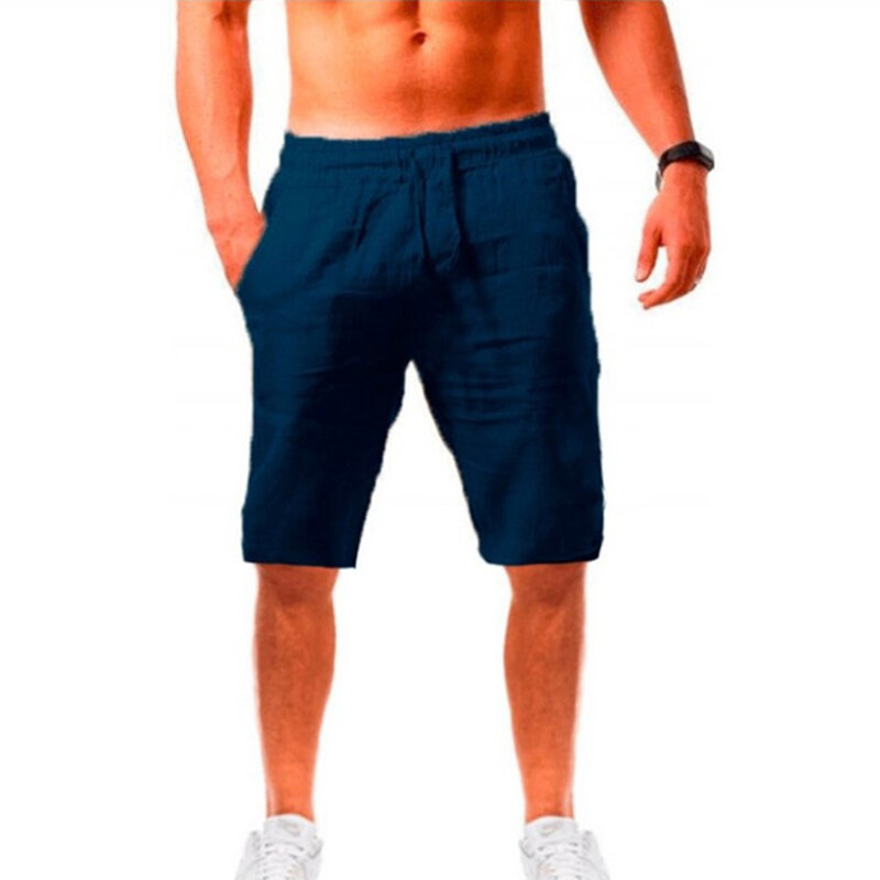 2024 Herren Strand Baumwolle Leinen Shorts Taschen lässig atmungsaktive kurze Hosen elastische Taille Urlaub Sommer solide Urlaub Hose