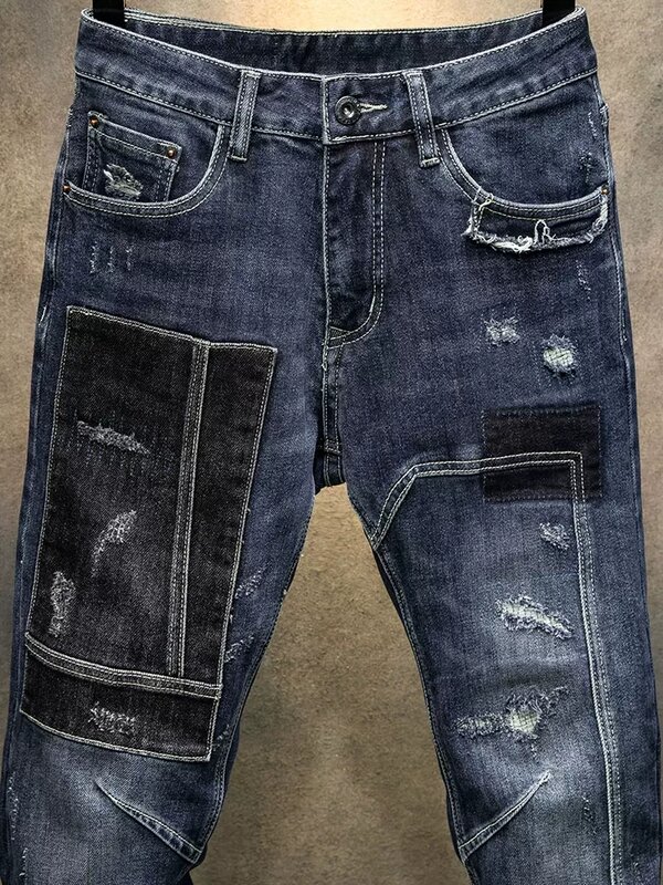 Pantalones vaqueros rasgados con agujeros elásticos para Hombre, Jeans de moda urbana, Retro, azul, Slim Fit, negro, diseñador, Hip Hop