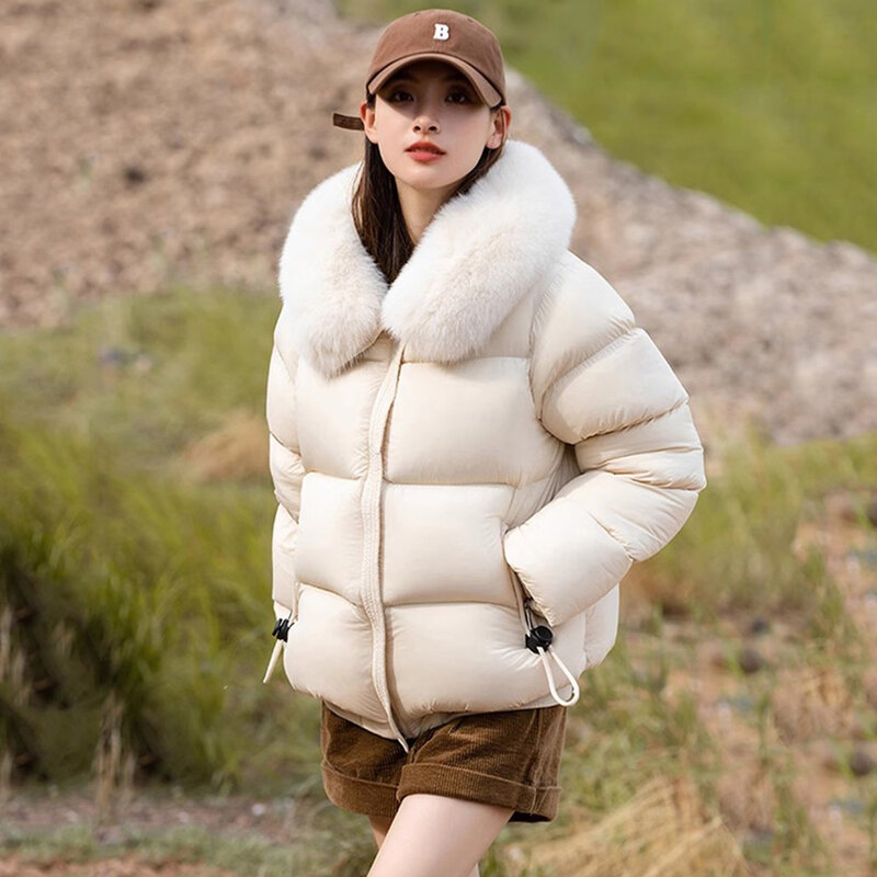 Nouveau Veste en duvet chaude et épaisse pour femme Manteau court à col en véritable fourrure de renard remplie de duvet de canard blanc à 95 %.