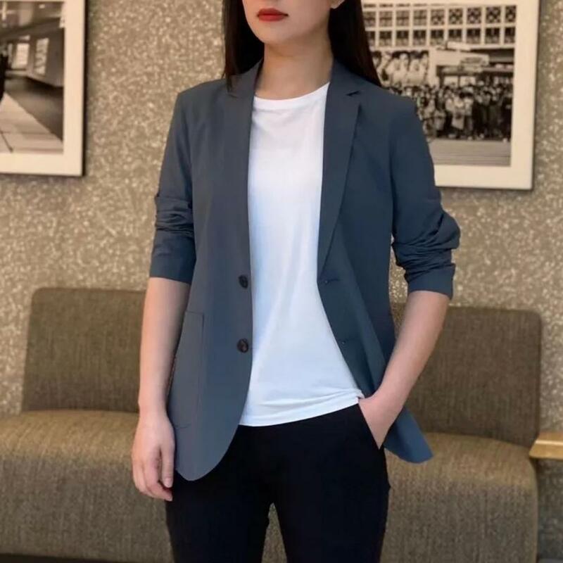 Женский деловой пиджак на пуговицах, элегантный дышащий пиджак с карманами и длинным рукавом, деловой пиджак средней длины для офиса