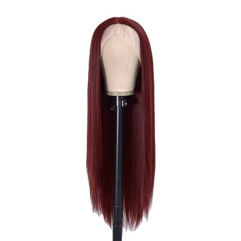 Damskie peruka z długich prostych włosów grzywki z rozcięciem na środku długie proste włosy z włókien chemicznych bordowe peruka do cosplay na codzienną imprezę