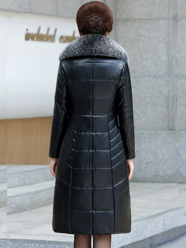 M-7XL 여성 긴 가죽 코트 겨울 패션 어머니 패딩 아우터 두꺼운 따뜻한 모피 칼라 낙타 양털 충전 오버코트 여성