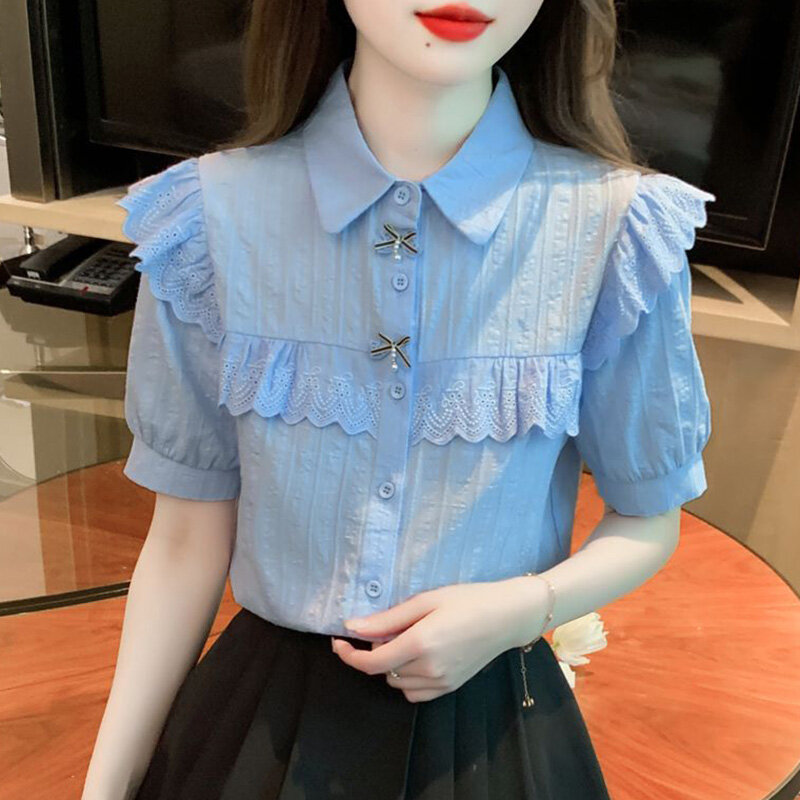 Kemeja Ruffles renda pita Splice warna Solid mode pakaian wanita 2024 atasan kasual longgar baru musim panas blus manis