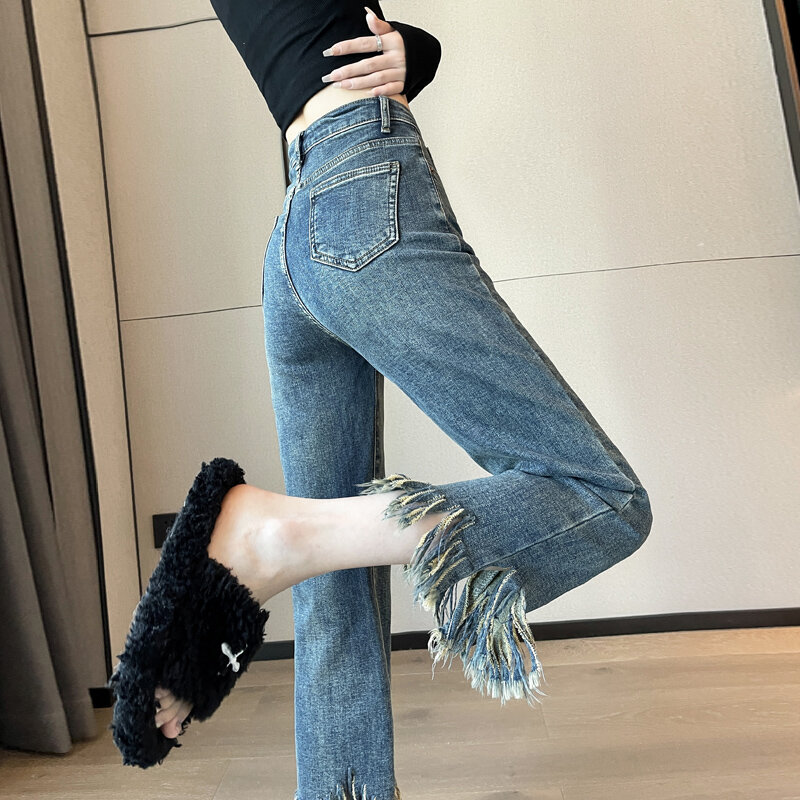 Calça jeans feminina de cintura alta fina borla, azul, pequena, com cigarro de 9 pontos, estilo Y2K, nova moda, frete grátis, 2023