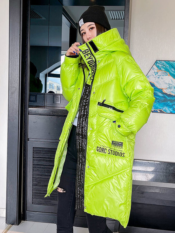 Jaqueta puffer casual grossa com capuz para mulheres, parka longa, casaco de neve quente, preto, streetwear brilhante, inverno, 2024