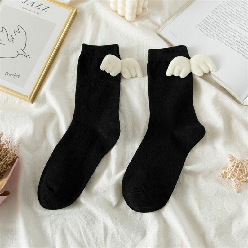 Breathable Long Socks Solid Color Angel Wing Streetwear Sport Socks Polyester Cotton Elastic Women Socks Girls