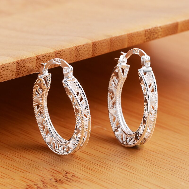 Hot New 925 Sterling Silver Earrings for Women Jewelry Exquisite Round Carved wedding heart  Christmas Gifts party