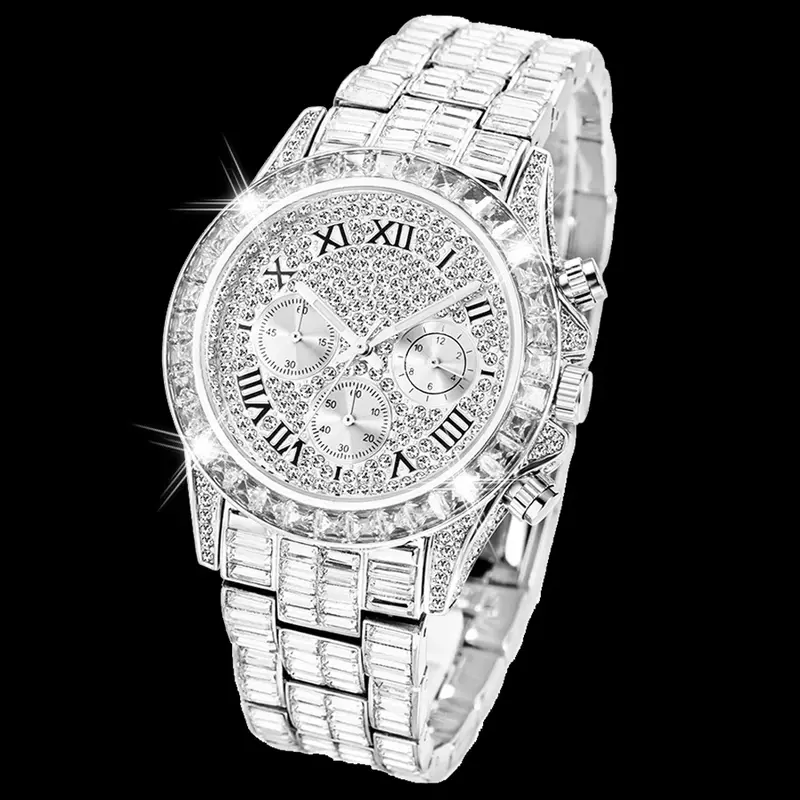 Hip Hop Ice Out zegarki dla mężczyzn luksusowa ręcznie robiona mozaika diamentowy zegarek chronograf męski zegarek srebrny stalowy złoty Relogio Masculino