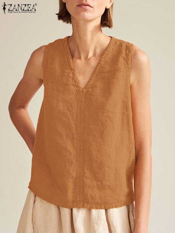 Блузка ZANZEA женская с V-образным вырезом, однотонная хлопково-льняная рубашка без рукавов для отдыха и работы, лето 2024
