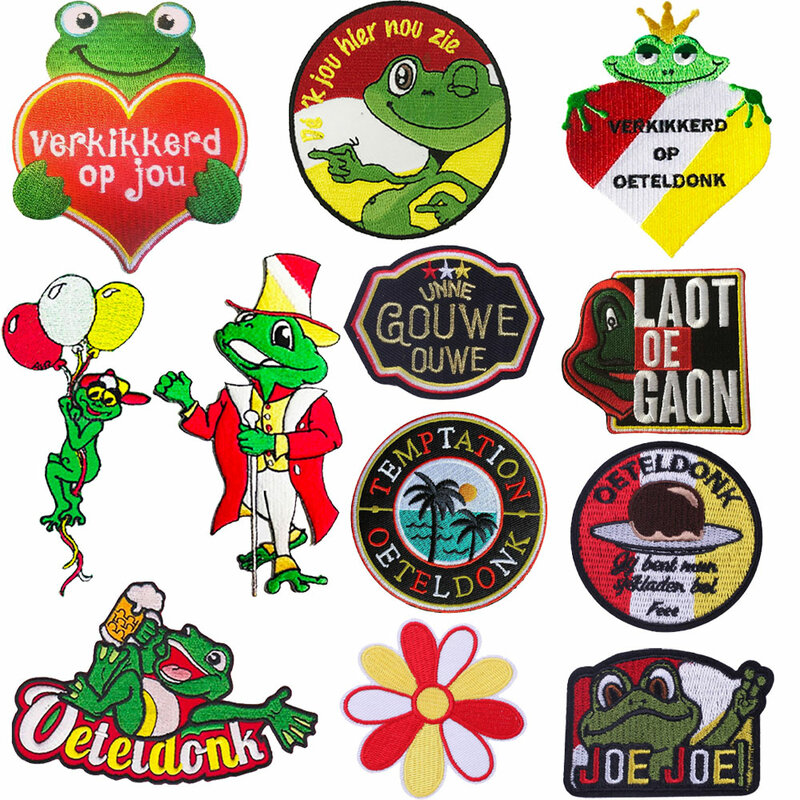 Oeteldonk-Insignes de patch de grenouille d'emblème de carnaval pour des pays-bas, fer sur des patchs de broderie pour des vêtements, autocollants de patch de lettre de coeur