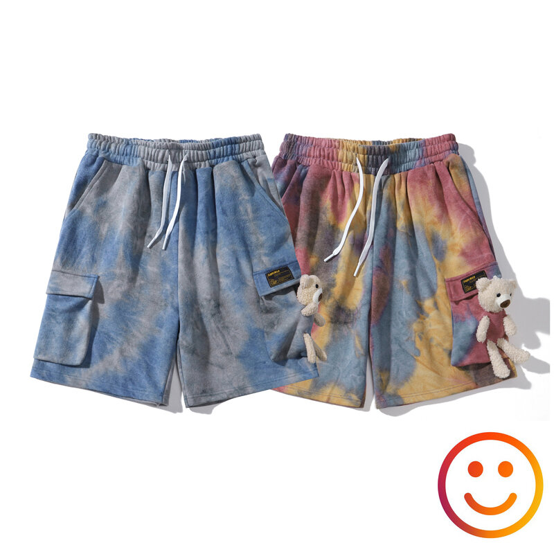 Pantalones cortos con cordón Tie-Dye para hombre y mujer, Shorts Cargo con bolsillo y oso, Verano