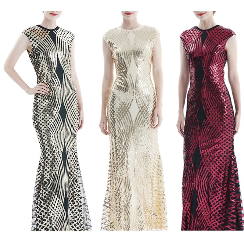 Fall Dresses For Women Elegant Sleeveless Mesh Glitter Sparkly Sequins Floor Length Evening Dress Prom Party Ball Gown Dresses