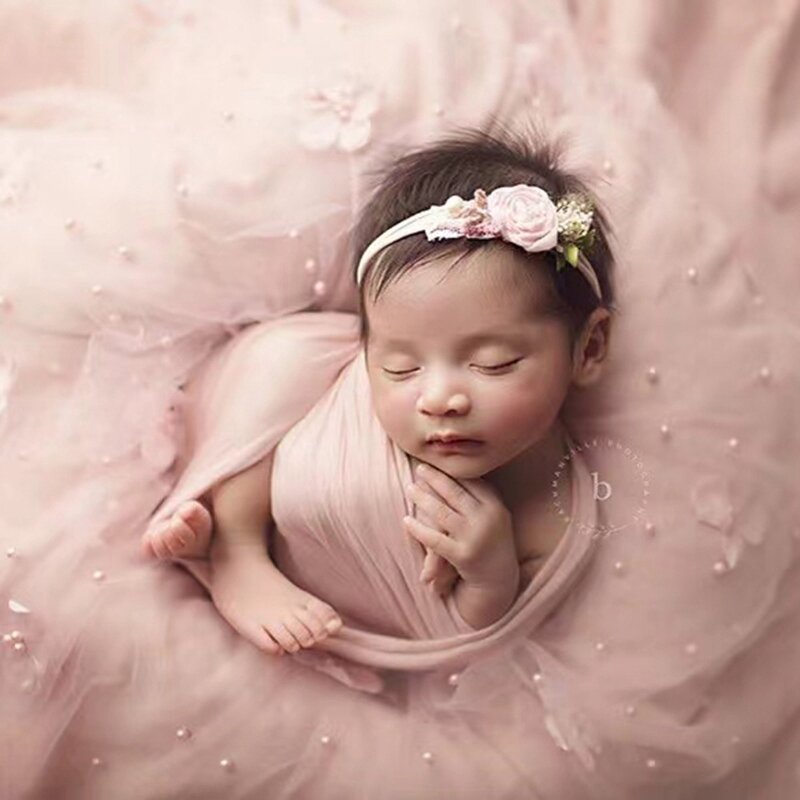 Atrezos para fotografía bebés recién nacidos, envoltura larga cuentas gasa, decoración flores, manta utilería DIY
